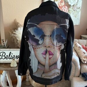 Black Denim Jacket with Artistic Print